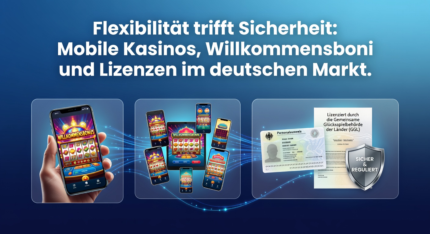 Smartphone mit mobilem Casino-App, umgeben von Symbolen für Lizenzen und Boni, das Flexibilität und Sicherheit im deutschen Markt symbolisiert