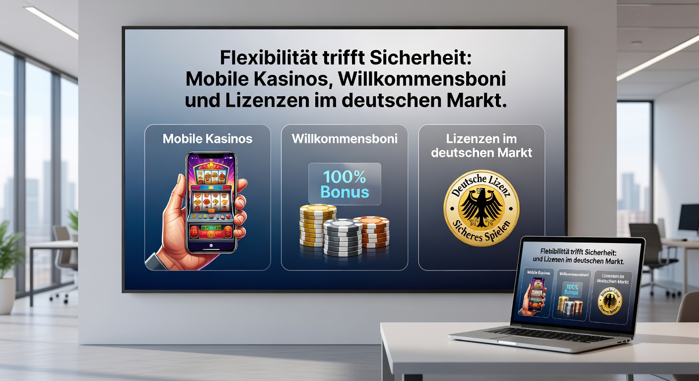 Grafik mit Willkommensbonus-Angeboten auf einem Tablet, neben Lizenzzertifikaten und mobilen Zahlungsmethoden im Fokus auf Sicherheit