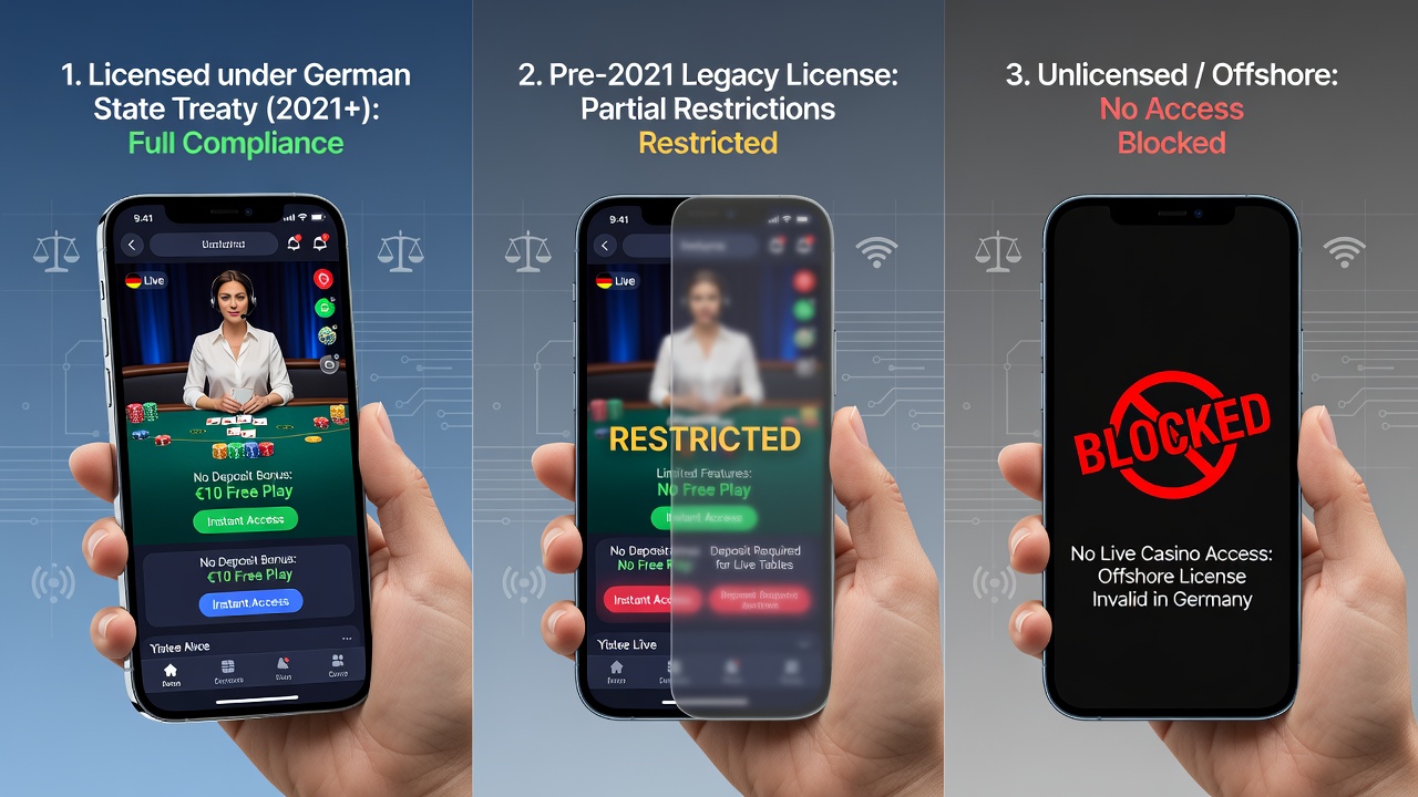 Mobile Live-Casino-Schnittstelle mit Lizenzhinweisen