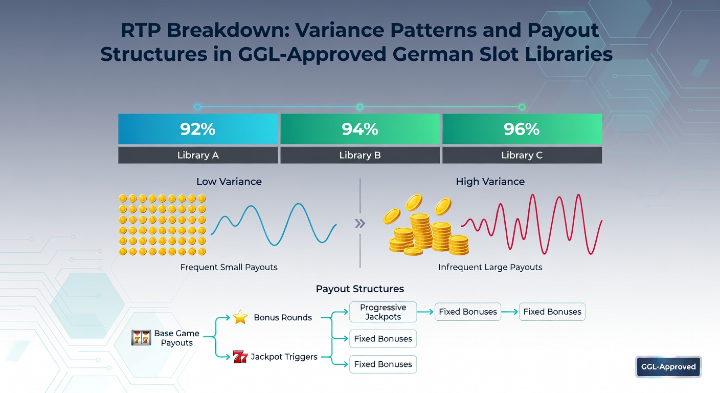 Grafik zur RTP-Verteilung in deutschen Slot-Bibliotheken mit Balkendiagrammen für verschiedene Varianzstufen