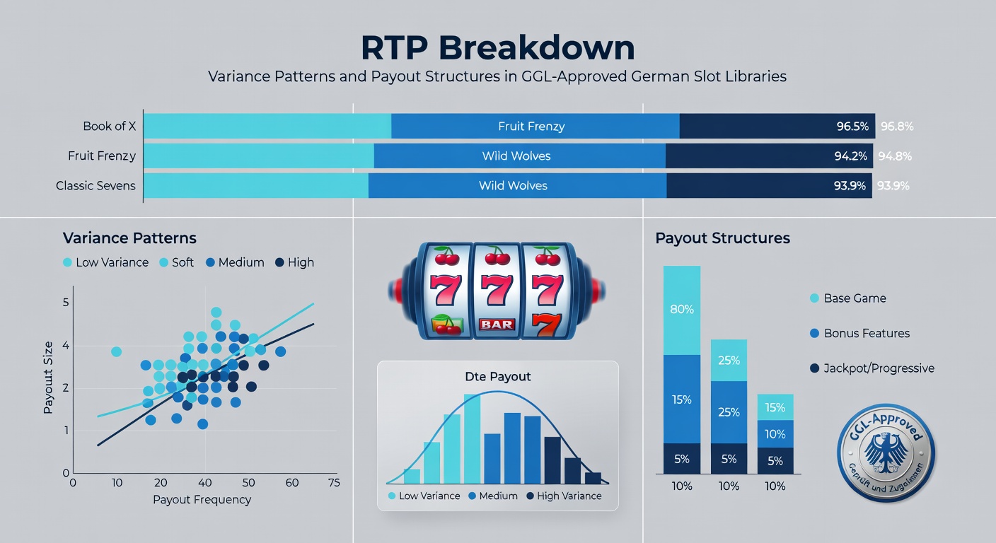 Detaillierte Tabelle mit RTP-, Varianz- und Payout-Beispielen aus GGL-zertifizierten Slots, inklusive Balken für Vergleiche