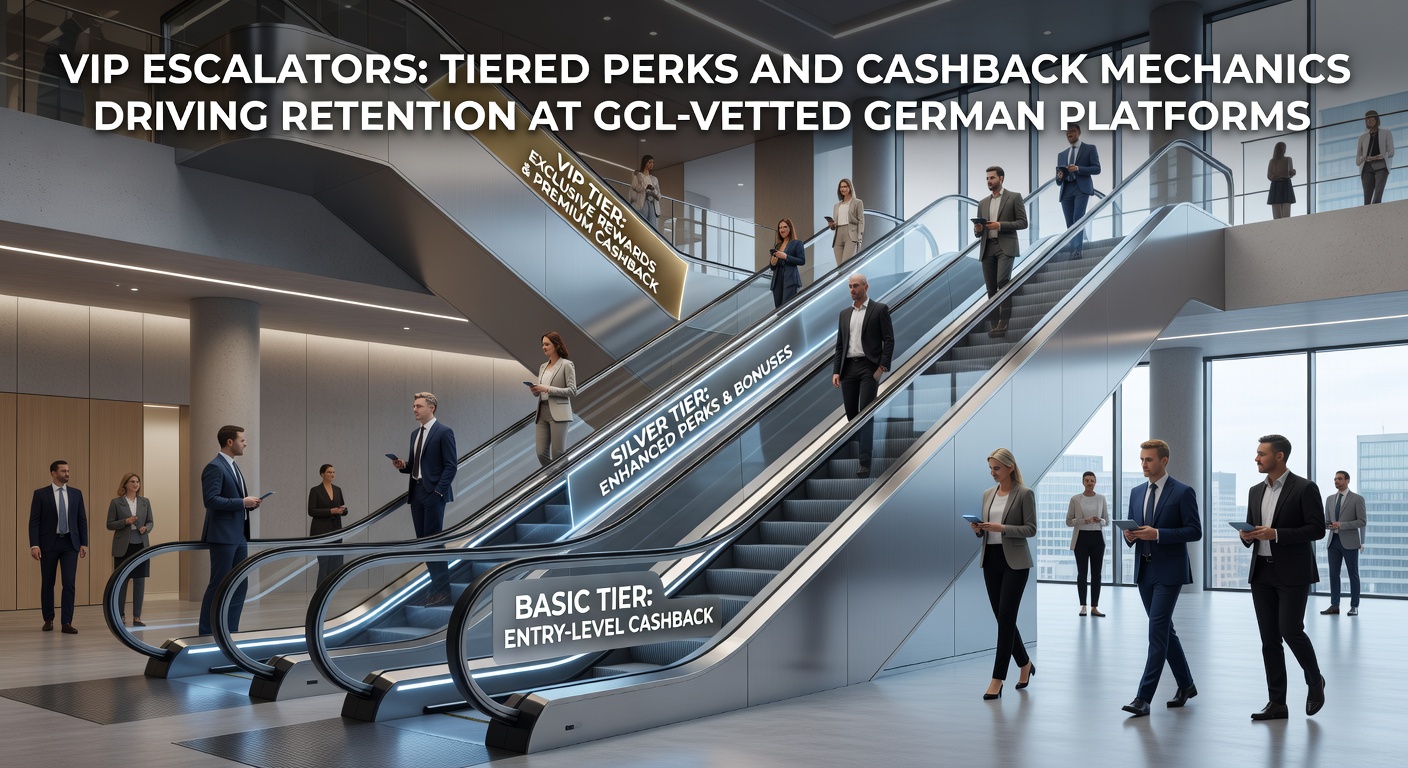 Grafik eines VIP-Treppenaufstiegs mit symbolischen Belohnungen und Cashback-Pfeilen auf einer deutschen Casino-Plattform